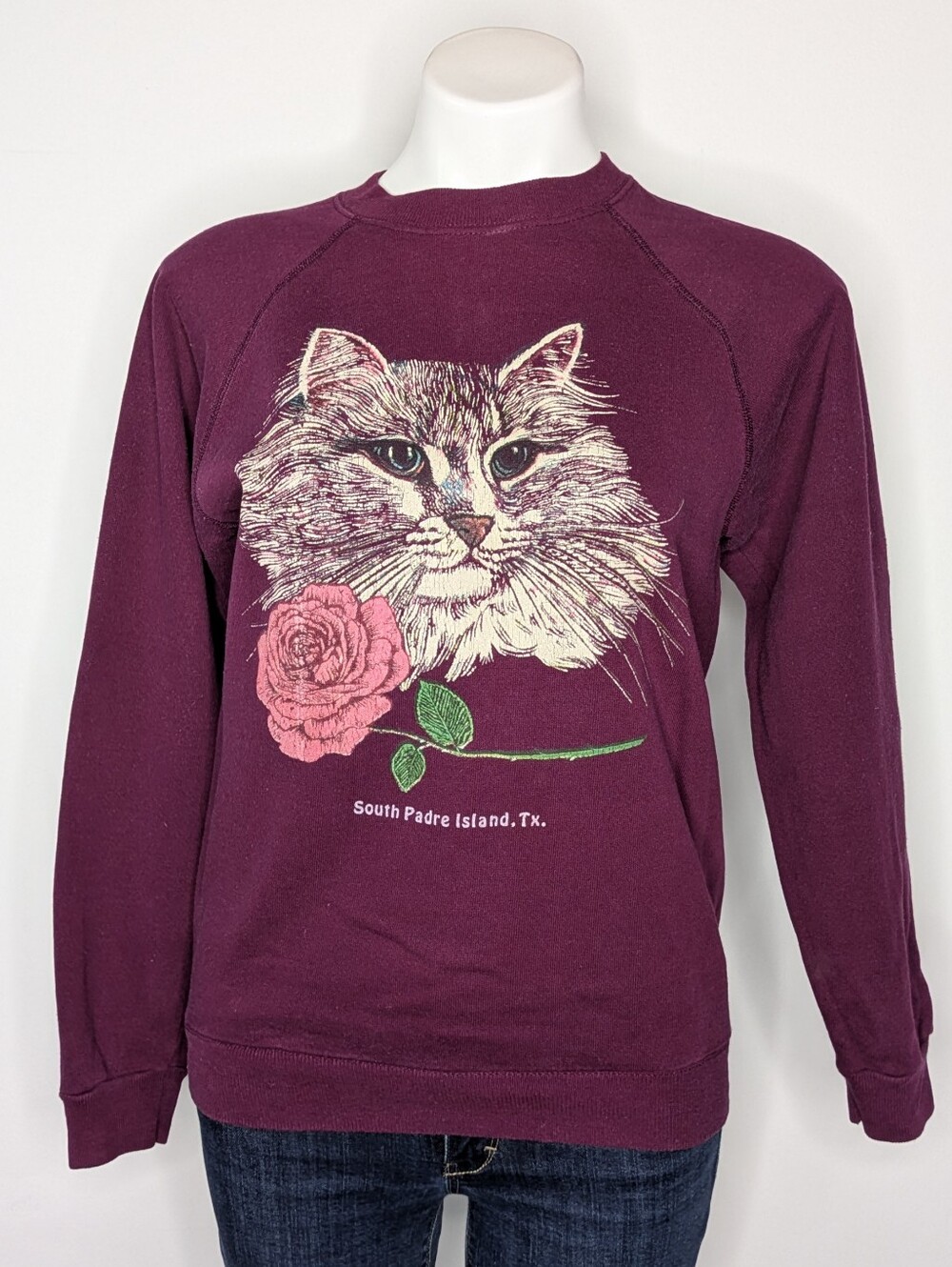 Vintage Maroon Pink South Padre Island Texas Cat & Rose Long Sleeve Sweatshirt M